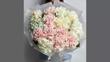 Изображение товара Букет из гортензий и французских роз 14 цветов, розовые цвета, FMART