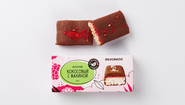 Изображение товара Кокосовый батончик с малиной и кешью ВкусВилл 45 г натуральное веганское лакомство