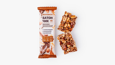 Изображение товара Орехово-арахисовый батончик с шоколадом и карамелью 66% орехов