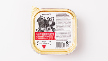 Изображение товара Корм влажный для щенков "Мясное ассорти с говядиной" кусочки в желе, 150 гр
