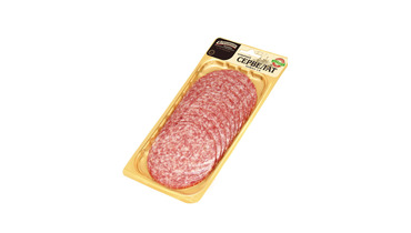 Изображение товара Колбаса сырокопченая полусухая Егоровская ФКГ Сервелат коньячный нарезка 100 г