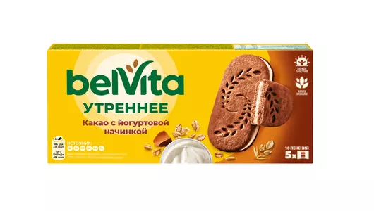 Печенье BelVita Утреннее Сэндвич витаминное с какао и йогуртовой начинкой 253 г Печенье BelVita Утреннее Сэндвич витаминное с какао и йогуртовой начинкой 253 г