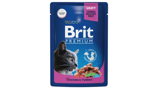 BRIT 85гр Корм для взрослых кошек цыпленок и индейка Premium (пауч)