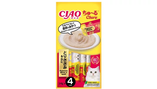 Лакомство для кошек Japan Premium Pet Inaba Ciao Churu Куриное филе и краб (пюре) 14г х 4 шт.