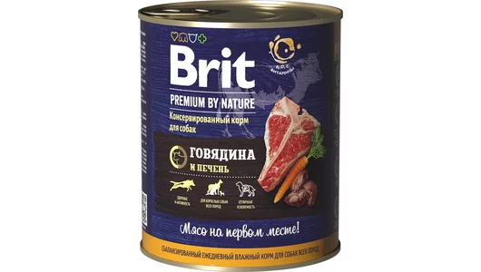 Влажный корм BRIT 850гр для любых собак Premium by Nature Говядина и печень
