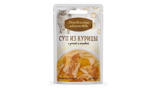 Лакомство для кошек ДЕРЕВЕНСКИЕ ЛАКОМСТВА 35гр Суп из курицы с уткой и тыквой (пауч)