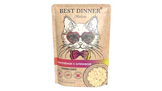 Влажный корм BEST DINNER 70гр для стерилизованных кошек Holistic цыпленок с клюквой в соусе (пауч)