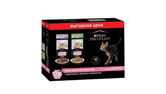 Корм PRO PLAN® паучи для взрослых кошек с чувствительным пищеварением, с индейкой в соусе, с ягненком в соусе, DELICATE DIGESTION