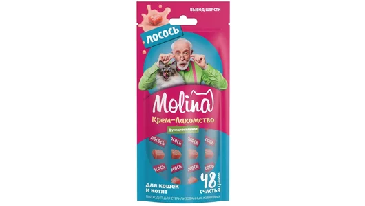 Лакомство Molina AntiHairball функциональное крем-лакомство для кошек и котят, для выведения комков шерсти из желудка, с лососем 48 гр