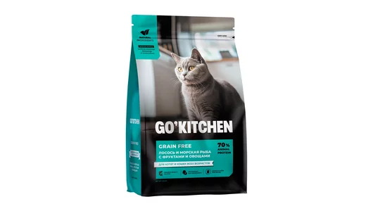 Беззерновой корм для кошек, котов и котят GO'KITCHEN с лососем и морской рыбой / Холистик корм для кошек сухой,1.36 кг