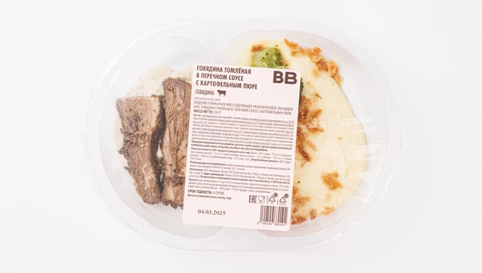 Говядина томленая в перечном соусе с картофельным пюре