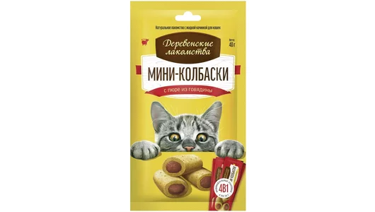 Деревенские Лакомства  Мини-колбаски с пюре из говядины для кошек, 4х10г.