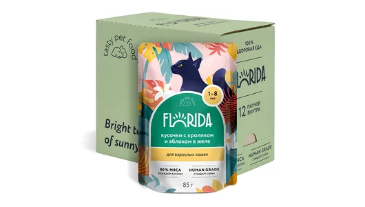 FLORIDA паучи Упаковка 12 шт «Паучи для взрослых кошек: кусочки с кроликом и яблоком в желе», 12*85г