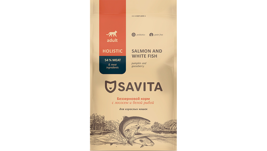 SAVITA сухой корм Беззерновой корм для кошек с лососем и белой рыбой, GRAIN FREE ADULT, Salmon & White Fish, 400 г