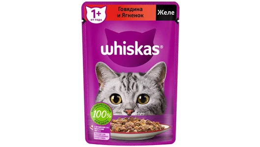 WHISKAS 75гр Корм для кошек Желе Говядина и Ягненок