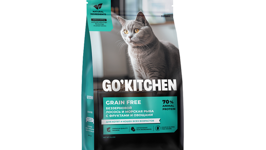 GO'KITCHEN Беззерновой корм для котят и кошек всех возрастов с лососем, морской рыбой, фруктами и овощами, GRAIN FREE Salmon&Seafish, 400 г