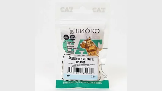 Лакомство вяленое Киоко для любых кошек, подушечки из филе трески 25 гр