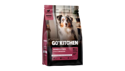 GO'KITCHEN утка с овощами, полнорационный беззерновой сухой корм для щенков и собак всех возрастов с чувствительным пищеварением, 1,59 кг