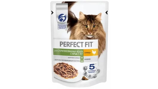 Корм PERFECT FIT 75гр для стерилизованных кошек старше 7 лет Курица в соусе (пауч)