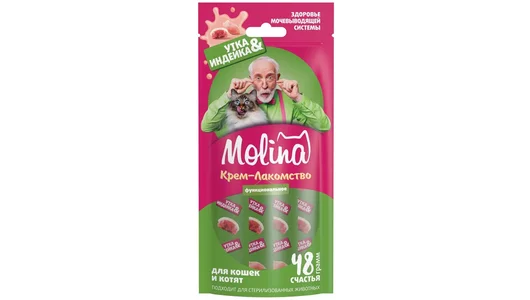 Лакомство Molina Sterilised функциональное крем-лакомство для кошек и котят, для здоровья мочевыводящей системы, с уткой и индейкой 48гр
