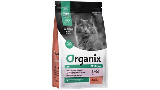 Organix сухой корм Сухой корм для взрослых кошек с лососем, фруктами и овощами для чувствительного пищеварения, Adult Sensitive Cat Salmon, 400 г