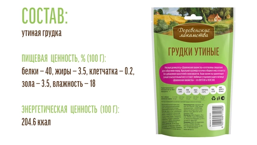 Лакомства Деревенские лакомства Грудки утиные для собак мини-пород 55 г