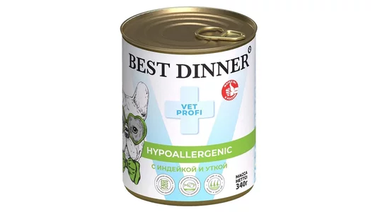 Консервы Best Dinner Vet Profi Exclusive Hypoallergenic для собак и щенков, при пищевой аллергии. Индейка и утка 340гр