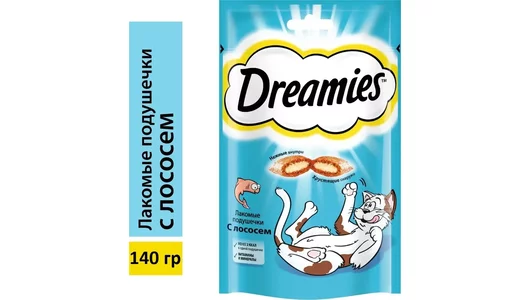 DREAMIES 140гр Лакомство для кошек лакомые подушечки с Лососем