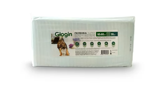 GLOGIN Пеленка SUPER впитывющая одноразовая для животных с суперабсорбентом, 60Х60 см, 30 шт