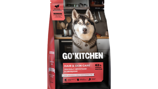 GO'KITCHEN Сухой корм для щенков и собак всех возрастов с лососем, фруктами и овощами, HAIR&SKIN CARE Salmon, 1,59 кг