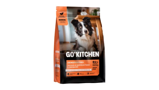GO'KITCHEN лосось и морская рыба с овощами, полнорационный беззерновой сухой корм для щенков и собак всех возрастов с чувствительным пищеварением, 1,5