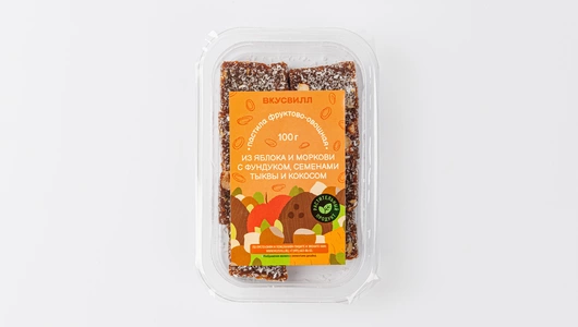 Пастила фруктово-овощная из яблока и моркови с фундуком, семенами тыквы и кокосом 100 гр