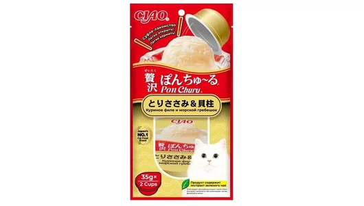 Лакомство для кошек INABA CIAO PON CHURU Суфле из куриного филе и морского гребешка, 70гр
