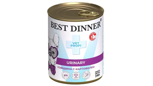 Корм консервированный Best Dinner Exclusive Urinary Vet Profi для собак с профилактикой мочекаменной болезни с говядиной и картофелем 340гр