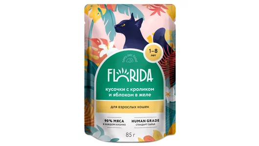 FLORIDA паучи Для взрослых кошек: кусочки с кроликом и яблоком в желе, 85г
