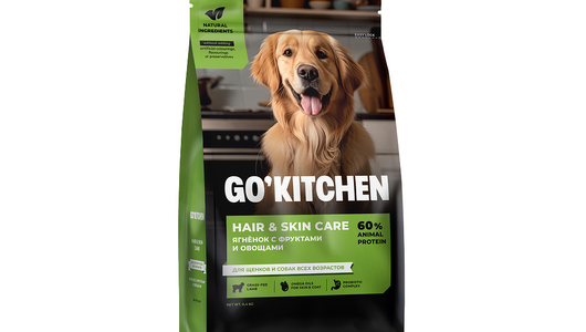 GO'KITCHEN Сухой корм для щенков и собак всех возрастов с ягненком, фруктами и овощами HAIR&SKIN CARE Lamb, 0,4 кг
