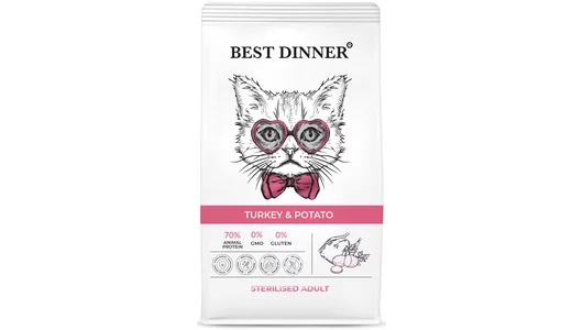 BEST DINNER 400гр Корм для кошек Эдалт Стерилизат с аллергией и проблемами пищевар. с Индейкой и картофелем