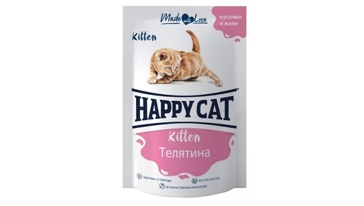 Влажный корм HAPPY CAT 100гр для любых котят Телятина кусочки в желе
