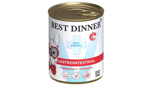 Влажный корм Best Dinner Vet Profi Exclusive Gastro Intestinal для щенков и собак, для профилактики ЖКТ. Говядина и сердце 340гр