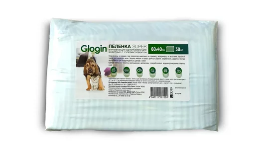 GLOGIN Пеленка SUPER впитывющая одноразовая для животных с суперабсорбентом, 60Х40 см, 30 шт