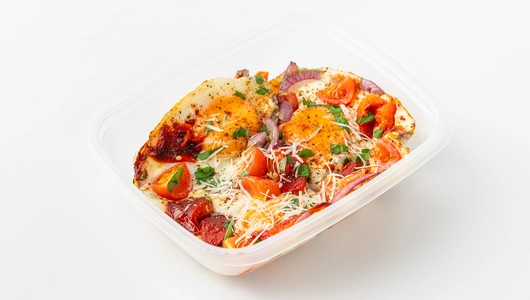 Овощная яичница с черри, сладким перцем и луком