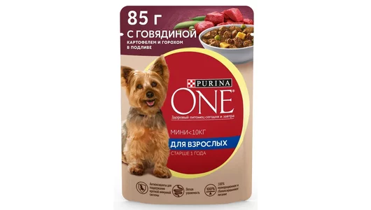 Влажный корм для собак Purina ONE Adult для мелких и карликовых пород, в подливе с говядиной, картофелем и горохом, 85 г