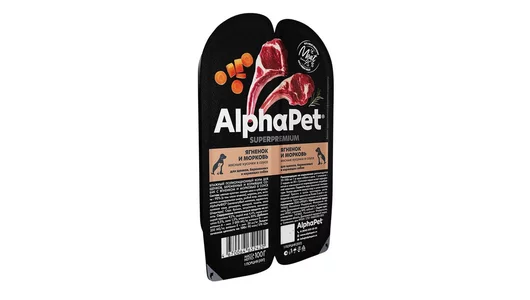 Влажный полнорационный корм AlphaPet Superpremium для щенков, беременных и кормящих собак, Ягненок и морковь мясные кусочки в соусе 100г