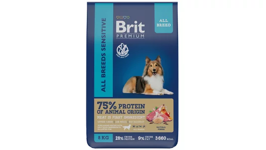 Корм Brit 8кг Premium Adult All Breed Sensitive для собак всех пород с чувствительным пищеварением с ягнёнком и индейкой