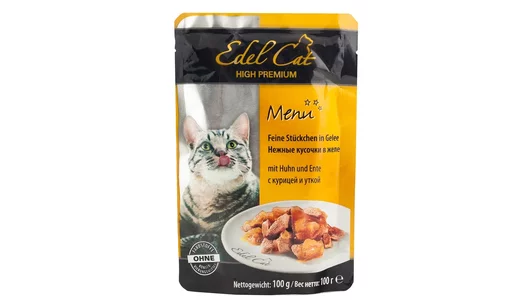 Корм EDEL CAT 100гр для любых кошек, Нежные кусочки в желе с курицей и уткой