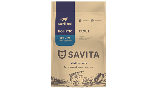 SAVITA сухой корм Беззерновой корм для стерилизованных кошек с форелью, GRAIN FREE STERILIZED, Trout, 2 кг