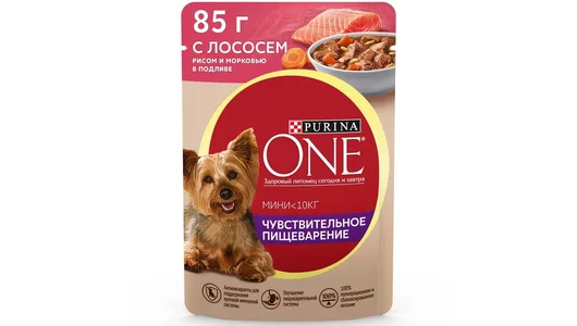 Влажный корм Purina ONE Мини Чувствительное пищеварение для собак мелких пород, с лососем, рисом и морковью в подливе, 85 гр