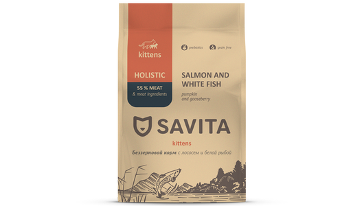SAVITA сухой корм Беззерновой корм для котят с лососем и белой рыбой, GRAIN FREE KITTEN, Salmon & White Fish, 400 г