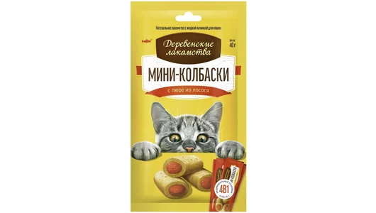 Деревенские Лакомства  Мини-колбаски с пюре из лосося для кошек, 4х10г.