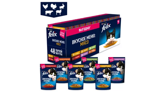 Влажный корм для кошек Felix Аппетитные кусочки: мультипак из мясных ассорти (85гр х 48шт)